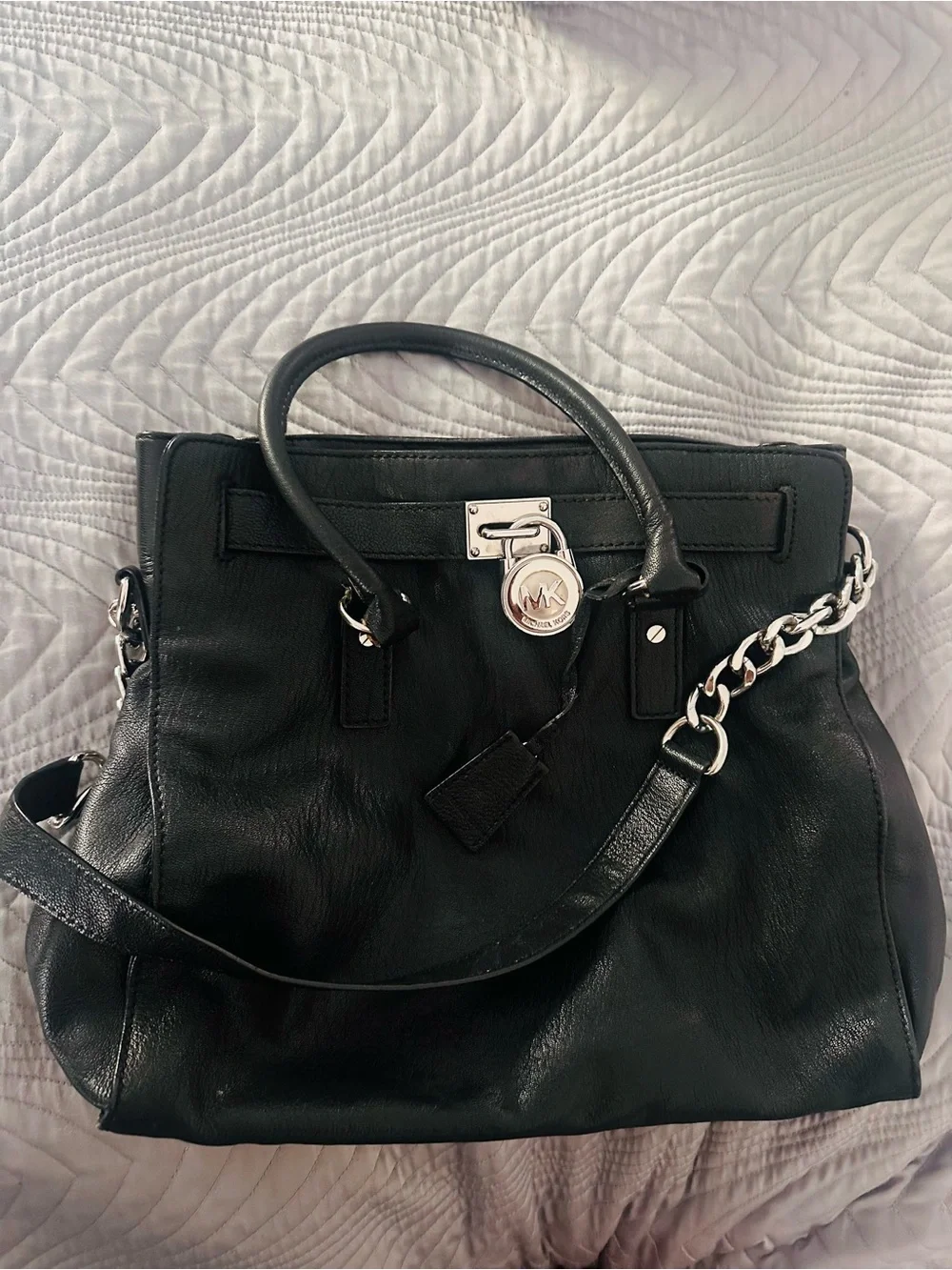 Michael Kors Black Leather Satchel with Silver Chain Detail